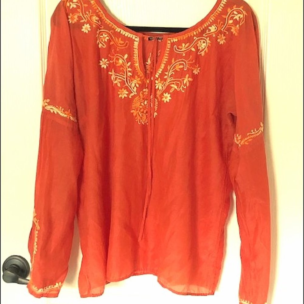 Lucky Brand Orange Embroidered Boho Top | Large